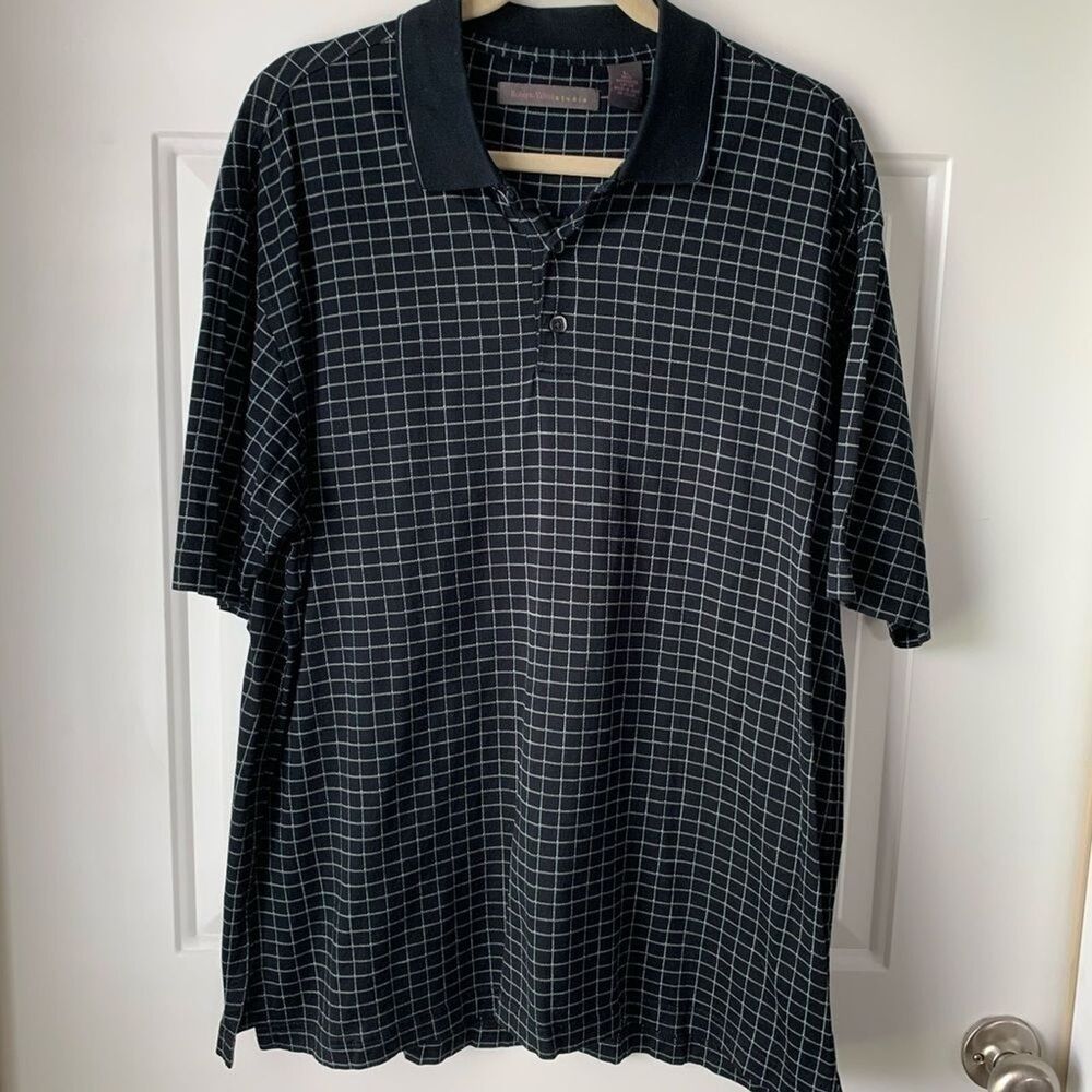 Roberto Villini Men's Black and White Checkered Short Sleeve Polo Shirt Large